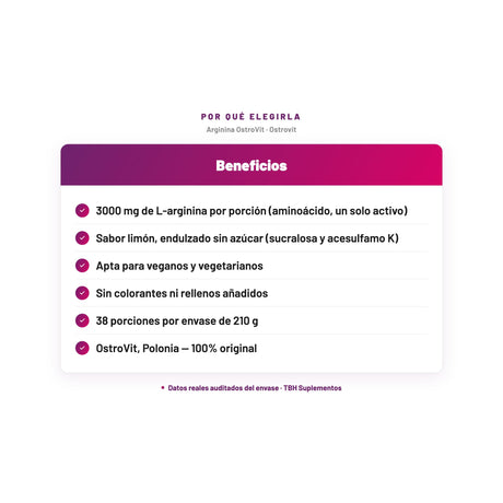 Arginina OstroVit — 3000 mg de L-arginina por porción (aminoácido, un solo activo); Sabor limón, endulzado sin azúcar (sucralosa y acesulfamo K); Apta para veganos y vegetarianos; Sin colorantes ni rellenos añadidos; 38 porciones por envase de 210 g; OstroVit, Polonia — 100% original