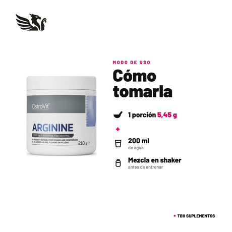 Arginina OstroVit — cómo tomarla, modo de uso: Disuelve 1 porción (5,45 g · 3/4 de scoop) en 200 ml de agua. Toma 30 minutos antes de entrenar. 100% original, envío a todo Chile.