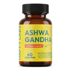 Ashwagandha Happy Labs 60 cápsulas - 900 mg de ashwagandha por porción, raíz pura en cápsula, producto chileno - vista frontal del envase