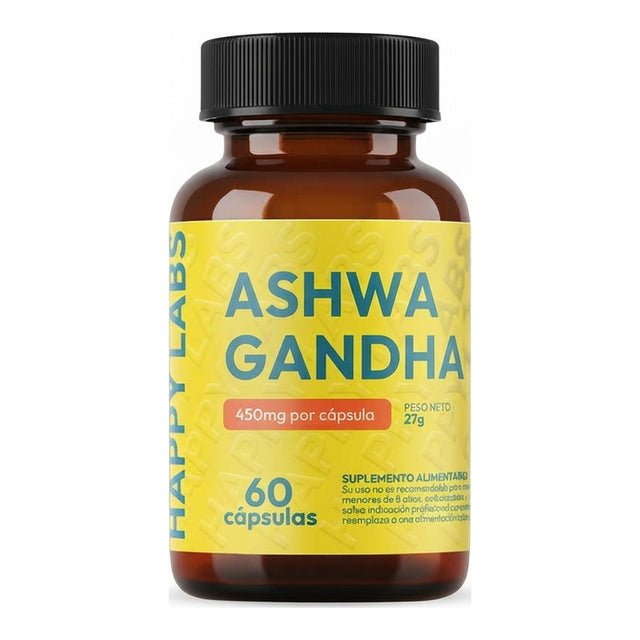 Ashwagandha Happy Labs 60 cápsulas - 900 mg de ashwagandha por porción, raíz pura en cápsula, producto chileno - vista frontal del envase