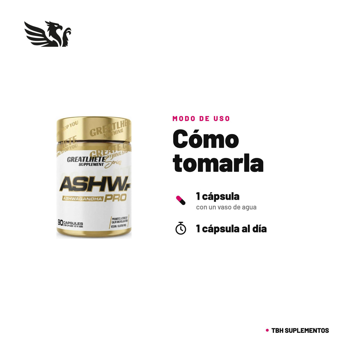 Ashwagandha Pro Greatlhete — cómo tomarla, modo de uso: Toma 1 cápsula al día, con agua, o según indicación de un profesional. 100% original, envío a todo Chile.