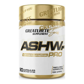 Ashwagandha Pro de Greatlhete — 400 mg de extracto de Withania somnifera (raíz y hoja) por cápsula, 90 cápsulas veganas y sin gluten — envase dorado