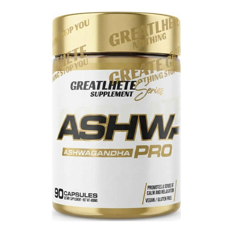Ashwagandha Pro de Greatlhete — 400 mg de extracto de Withania somnifera (raíz y hoja) por cápsula, 90 cápsulas veganas y sin gluten — envase dorado