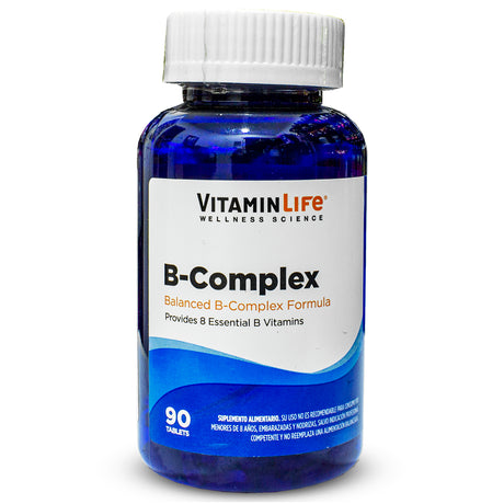 Envase de B Complex Vitamina Life de 90 tabletas. Suplemento de vitaminas B para energía y metabolismo