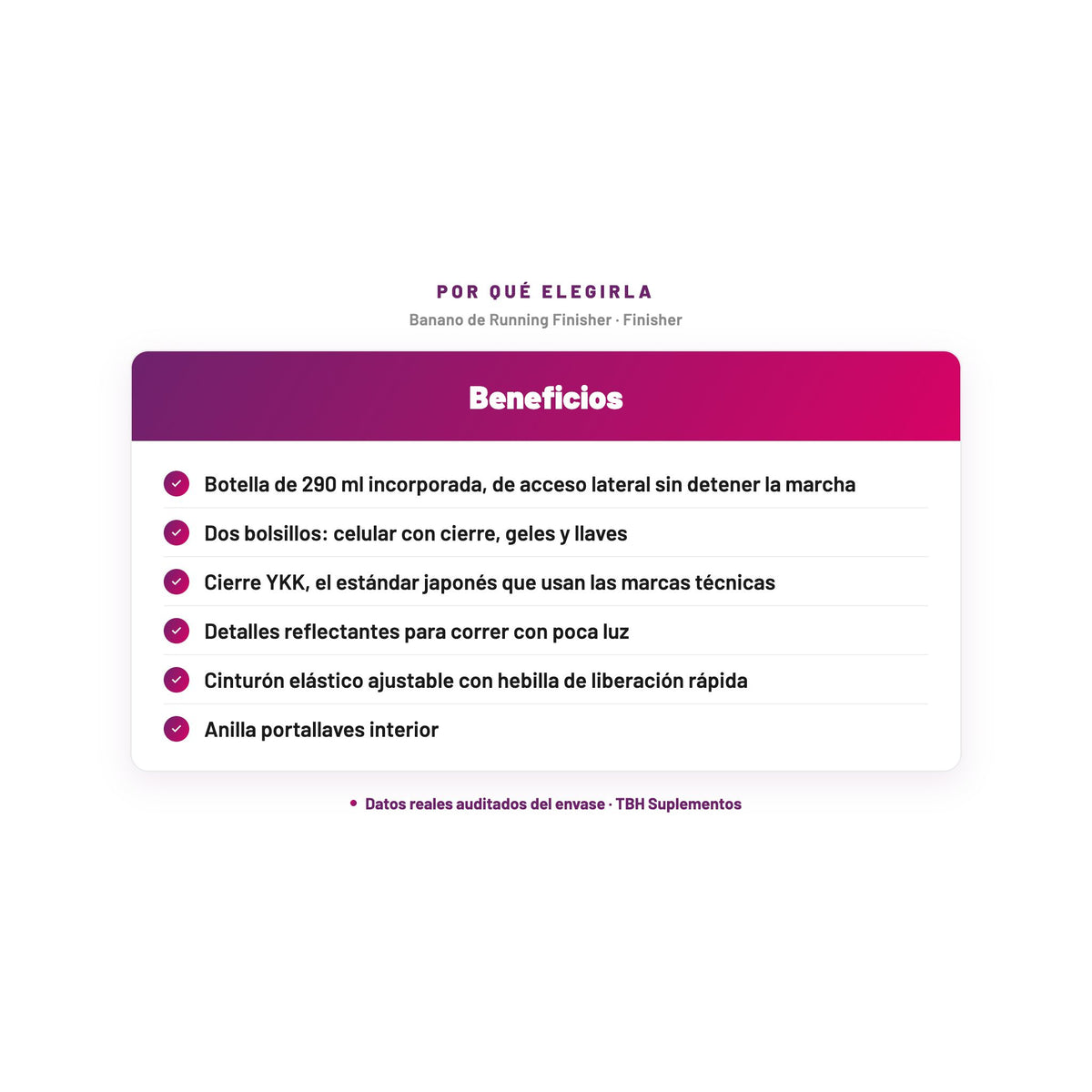 Banano de Running Finisher — Botella de 290 ml incorporada, de acceso lateral sin detener la marcha; Dos bolsillos: celular con cierre, geles y llaves; Cierre YKK, el estándar japonés que usan las marcas técnicas; Detalles reflectantes para correr con poca luz…