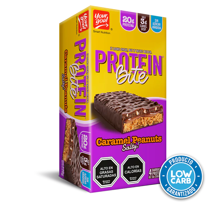 Caja de 4 unidades de Barra Bite Caramelízalo Peanuts Salty. Barra de proteína con sabor a caramelo y maní salado