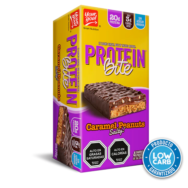 Caja de 4 unidades de Barra Bite Caramelízalo Peanuts Salty. Barra de proteína con sabor a caramelo y maní salado