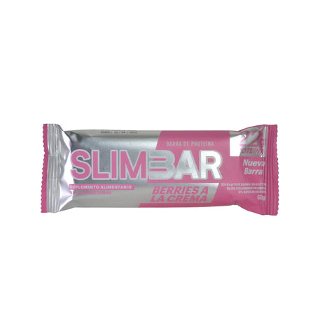 Barra de Proteína SlimBar sabor Berries a la Crema (Unidad). Con 21g de proteína, 0% azúcar añadida y 5g de colágeno
