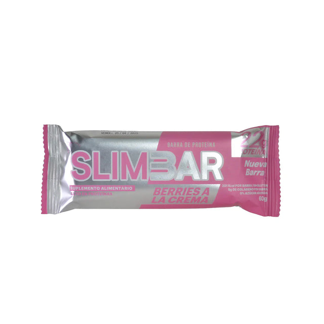 Barra de Proteína SlimBar sabor Berries a la Crema (Unidad). Con 21g de proteína, 0% azúcar añadida y 5g de colágeno
