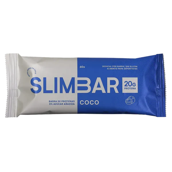 Barra de Proteína SlimBar sabor Coco (Unidad). Con 21g de proteína, 0% azúcar añadida, 7g de colágeno y 212 kcal
