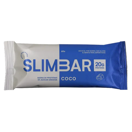 Barra de Proteína SlimBar sabor Coco (Unidad). Con 21g de proteína, 0% azúcar añadida, 7g de colágeno y 212 kcal
