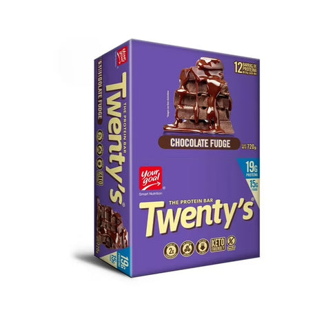 Caja de 12 Barras de Proteína Twenty's Chocolate Fudge. Contiene 19g proteína, 130 calorías, 0 Azúcar y es Sin Gluten. Ideal para dieta Keto