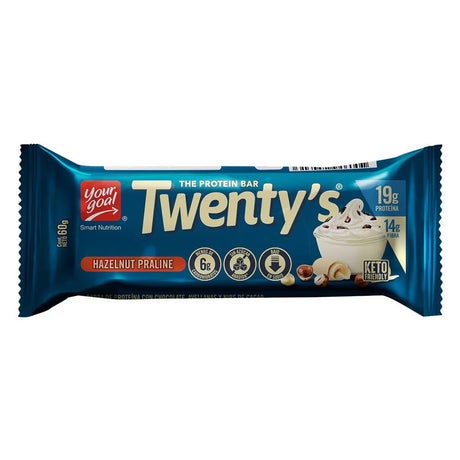 Barra de Proteína Twenty sabor Hazelnut Praline (Unidad). 19g proteína, 0% azúcar añadida, Keto-Friendly y Sin Gluten