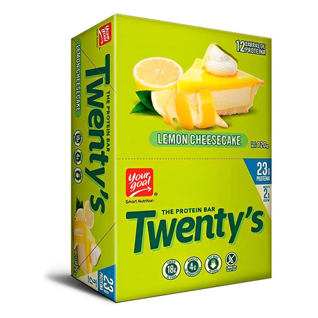 Caja de 12 unidades de Barra de Proteína Twenty's sabor Lemon Cheesecake. 21g proteína, 0% azúcar añadida, Keto-Friendly y Sin Gluten