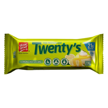 Barra de Proteína Twenty's sabor Lemon Cheesecake (Unidad). 21g proteína, 0% azúcar añadida, Keto-Friendly y Sin Gluten, 130 kcal