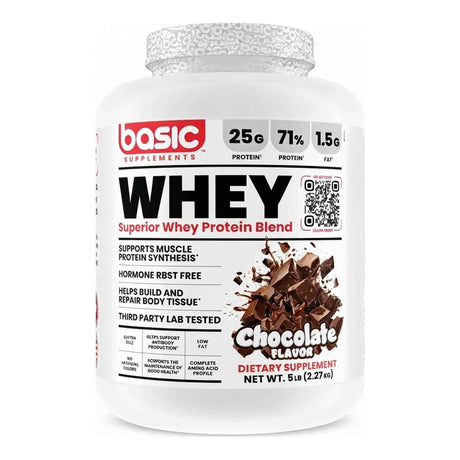 Proteína Basic Whey Basic Supplements sabor Chocolate — 25 g de proteína y perfil completo de aminoácidos por porción — vista frontal del envase