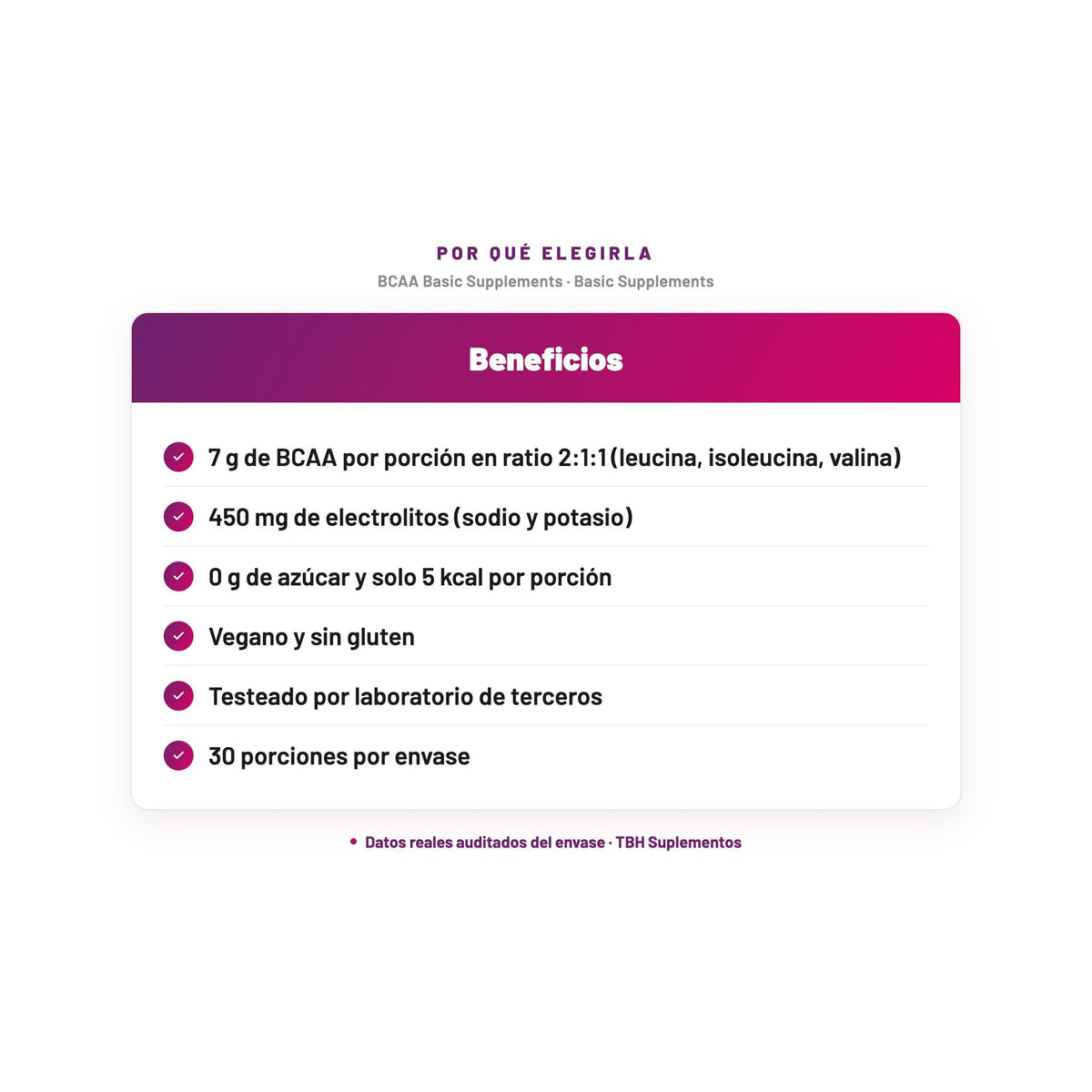 BCAA Basic Supplements — 7 g de BCAA por porción en ratio 2:1:1 (leucina, isoleucina, valina); 450 mg de electrolitos (sodio y potasio); 0 g de azúcar y solo 5 kcal por porción; Vegano y sin gluten; Testeado por laboratorio de terceros; 30 porciones por envase
