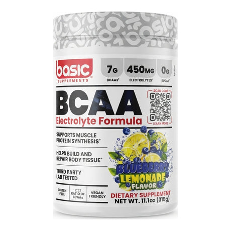 BCAA de Basic Supplements — 7 g de BCAA en ratio 2:1:1 y 450 mg de electrolitos por porción, vegano y sin gluten, sabor Blueberry Lemonade — envase blanco