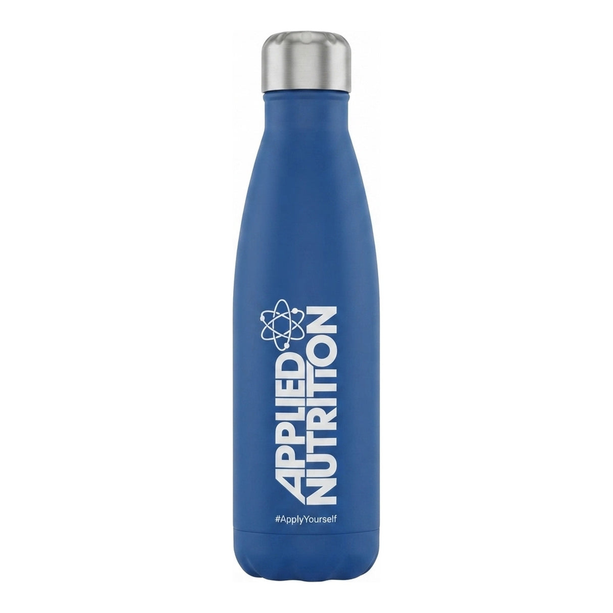Botella de acero inoxidable Applied Nutrition 500 ml azul con tapa plateada a rosca — logo Applied Nutrition