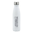 Botella de acero inoxidable Applied Nutrition 500 ml blanca con tapa plateada a rosca — logo Applied Nutrition