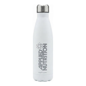 Botella de acero inoxidable Applied Nutrition 500 ml blanca con tapa plateada a rosca — logo Applied Nutrition