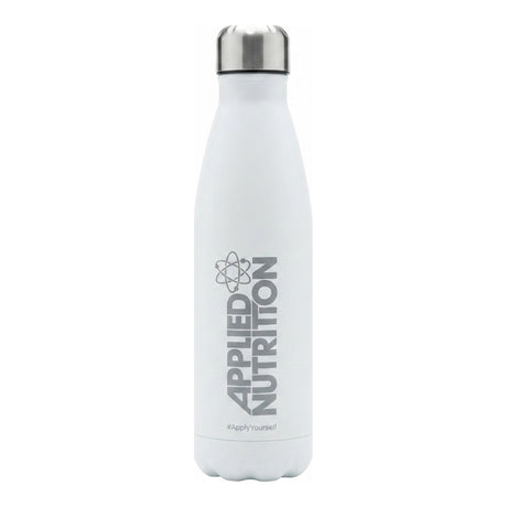 Botella de acero inoxidable Applied Nutrition 500 ml blanca con tapa plateada a rosca — logo Applied Nutrition