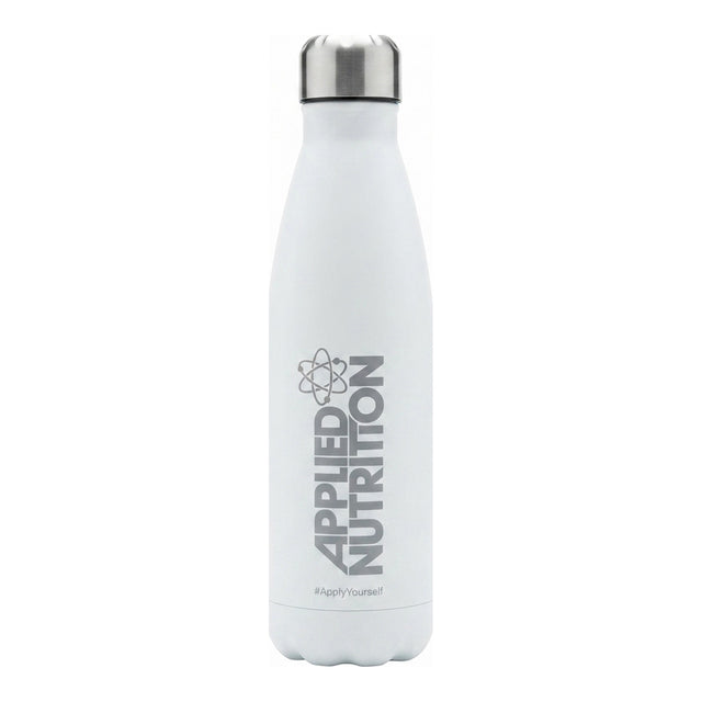 Botella de acero inoxidable Applied Nutrition 500 ml blanca con tapa plateada a rosca — logo Applied Nutrition