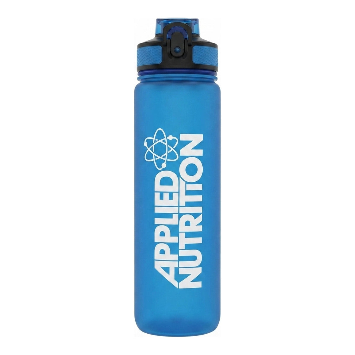 Botella de agua Applied Nutrition de 1 litro azul con tapa deportiva de apertura rápida y argolla — logo Applied Nutrition