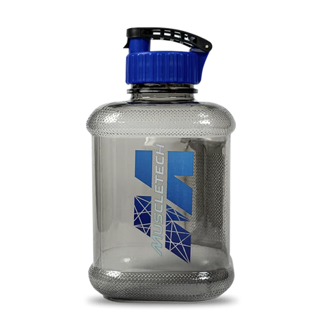 botellón de 1.8 litros e capacidad con logo muscletech de color azul 