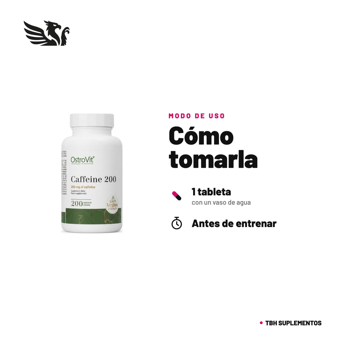 Cafeína 200 OstroVit — cómo tomarla, modo de uso: Toma 1 tableta al día, con agua, antes de entrenar. No excedas la dosis diaria recomendada. 100% original, envío a todo Chile.
