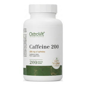 Cafeína 200 de OstroVit — 200 mg de cafeína anhidra por tableta, 200 tabletas veganas — envase blanco