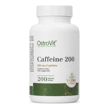 Cafeína 200 de OstroVit — 200 mg de cafeína anhidra por tableta, 200 tabletas veganas — envase blanco