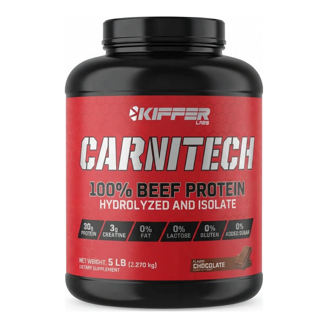 Proteína de carne Carnitech Kiffer Labs sabor Chocolate - 30 g de proteína y 3 g de creatina por porción, sin lactosa - vista frontal del envase