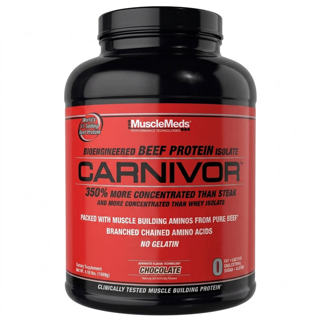Proteína Carnivor MuscleMeds 4,18 lb sabor Chocolate — 23 g de proteína de carne por porción — vista frontal del envase