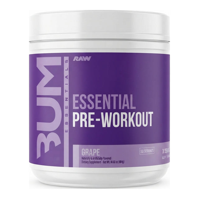CBUM Essential Pre-Workout de RAW Nutrition — pre-entreno en polvo de Chris Bumstead con 200 mg de cafeína, beta-alanina y tirosina por porción — envase morado, sabor Grape