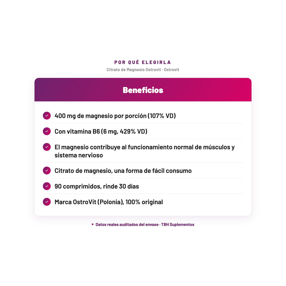 Citrato de Magnesio Ostrovit — 400 mg de magnesio por porción (107% VD); Con vitamina B6 (6 mg, 429% VD); El magnesio contribuye al funcionamiento normal de músculos y sistema nervioso; Citrato de magnesio, una forma de fácil consumo; 90 comprimidos, rinde 30 días; Marca OstroVit (Polonia), 100% original