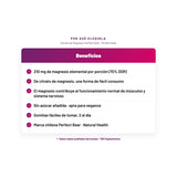 Citrato de Magnesio Perfect Bear — 210 mg de magnesio elemental por porción (70% DDR); De citrato de magnesio, una forma de fácil consumo; El magnesio contribuye al funcionamiento normal de músculos y sistema nervioso; Sin azúcar añadida · apta para veganos; Gomitas fáciles de tomar, 2 al día; Marca chilena Perfect Bear · Natural Health