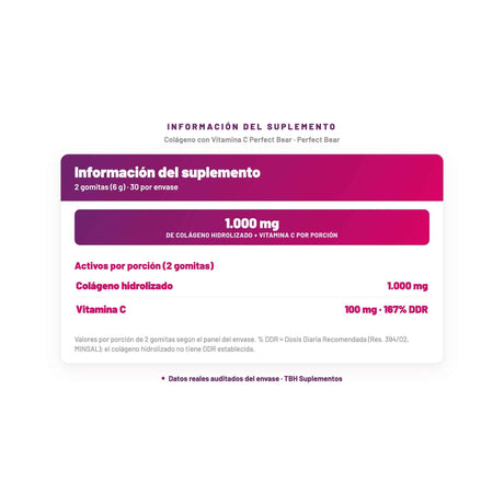 Colágeno con Vitamina C Perfect Bear — información del suplemento por porción, datos verificados del envase