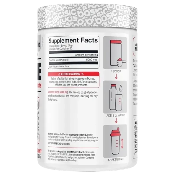 Basic Supplements Creatina Monohidratada 300 g Sin Sabor – 100% Pura, Sin Aditivos