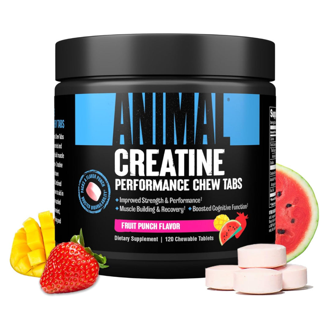 Envase de Creatina Performance Chew Tabs Animal, 120 tabletas masticables sabor fruit punch