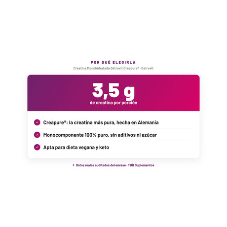 Creatina Monohidratada Ostrovit Creapure® — 3,5 g de creatina por porción; Creapure®: la creatina más pura, hecha en Alemania; Monocomponente 100% puro, sin aditivos ni azúcar; Apta para dieta vegana y keto