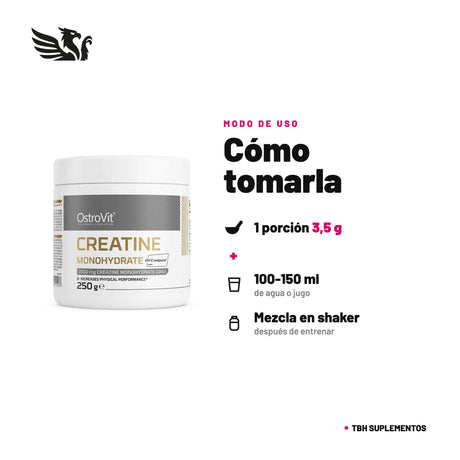 Creatina Monohidratada Ostrovit Creapure® — cómo tomarla, modo de uso: Mezcla 1 porción (3,5 g, ¾ de la medida) en 100-150 ml de agua o jugo, 1 vez al día. En días de entrenamiento, después de entrenar. Mantén una buena hidratación. 100% original, envío a todo Chile.