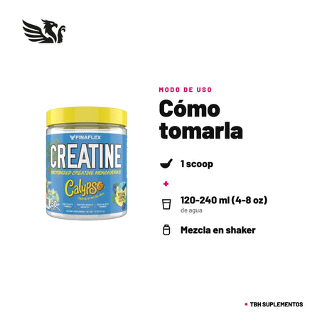 Creatina Finaflex + Calypso — cómo tomarla, modo de uso: Fase de carga: 1 scoop en 120-240 ml (4-8 oz) de agua, 2 veces al día durante los primeros días. Mantención: 1 scoop, 1 vez al día. Mantén una buena hidratación. 100% original, envío a todo Chile.