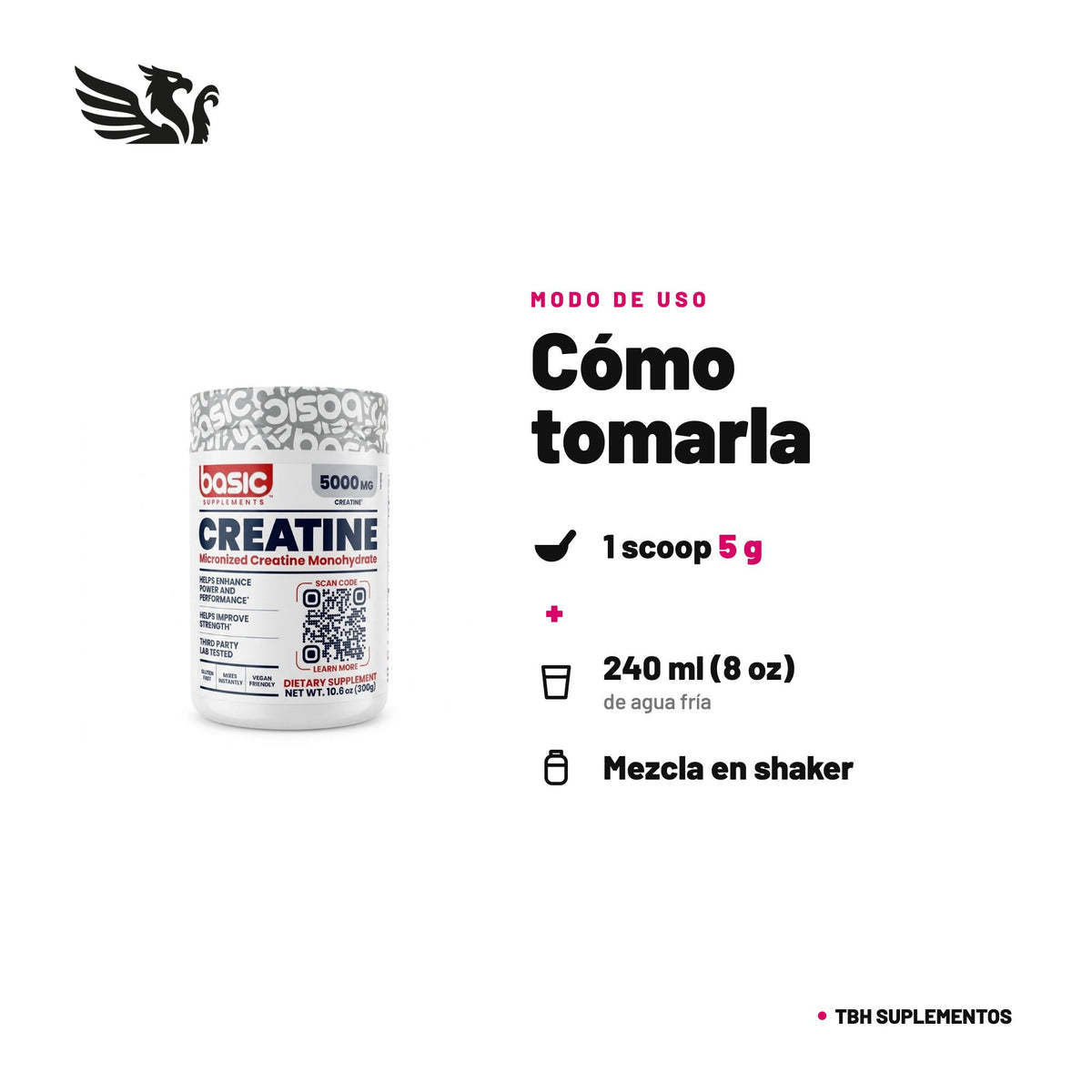 Creatina Monohidratada Basic — cómo tomarla, modo de uso: 1 scoop (5 g) en ~240 ml (8 oz) de agua fría, 1 vez al día. Agita o mezcla bien. Puede hacerse una fase de carga inicial si lo prefieres. 100% original, envío a todo Chile.