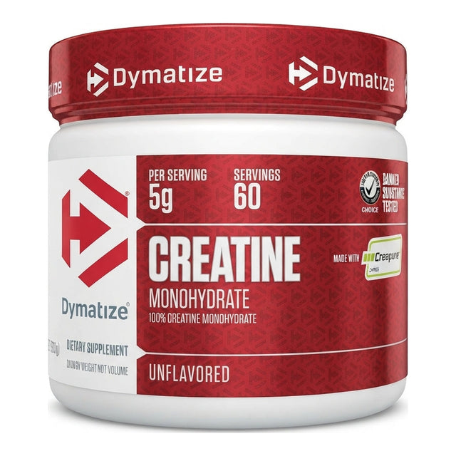 Creatina Monohidratada Dymatize 300 g sin sabor - 5 g de Creapure® por porción, 60 porciones, certificación Informed Choice - vista frontal del envase