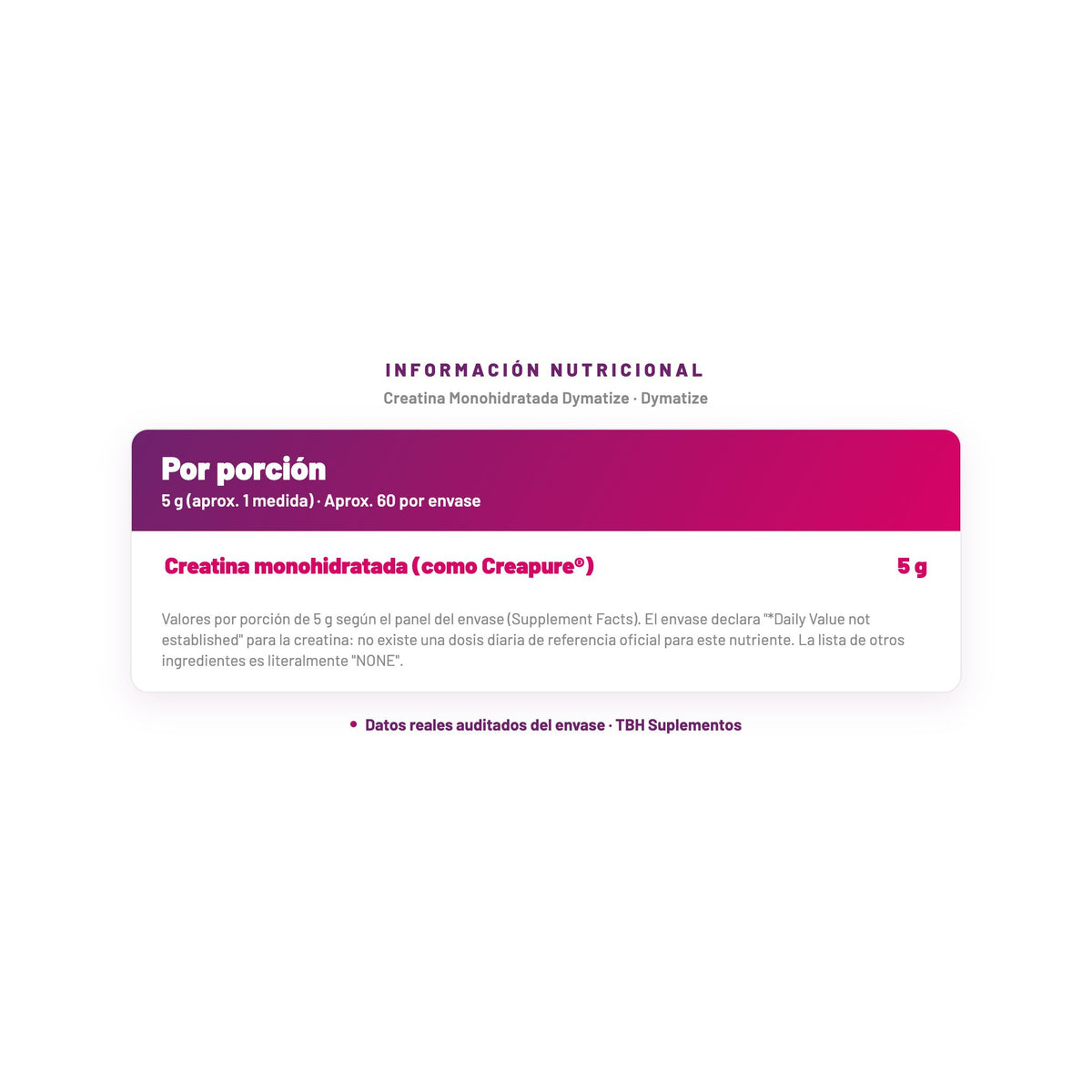 Creatina Monohidratada Dymatize — información nutricional por porción, datos verificados del envase