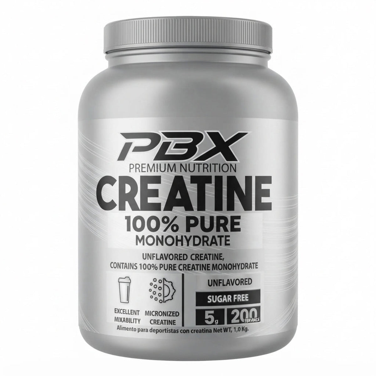 Creatina Monohidratada PBX Premium Nutrition 1 kg - 5 g de creatina micronizada por porción, 200 porciones, sin sabor - vista frontal del envase