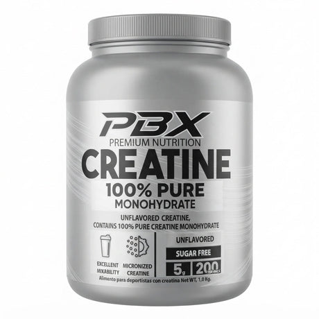 Creatina Monohidratada PBX Premium Nutrition 1 kg - 5 g de creatina micronizada por porción, 200 porciones, sin sabor - vista frontal del envase