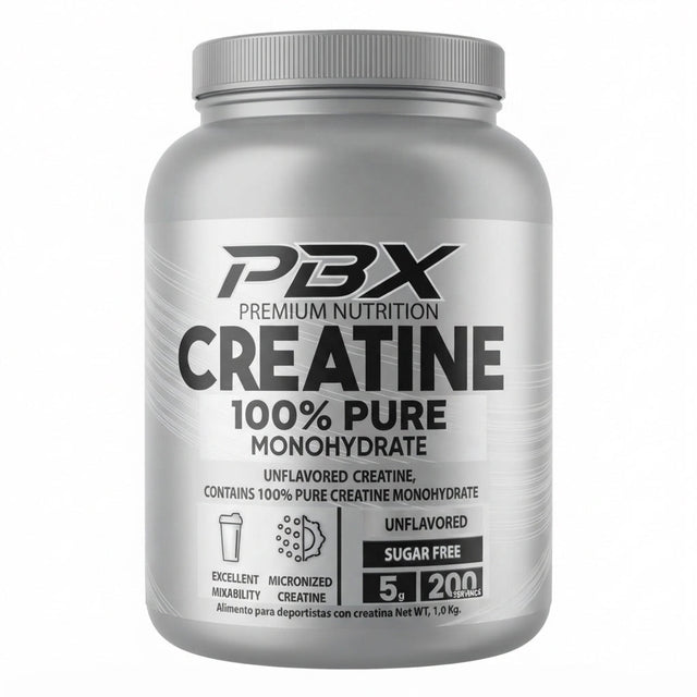 Creatina Monohidratada PBX Premium Nutrition 1 kg - 5 g de creatina micronizada por porción, 200 porciones, sin sabor - vista frontal del envase