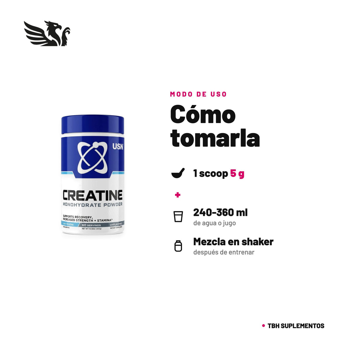 Creatina Monohidratada USN — cómo tomarla, modo de uso: Fase de carga: 1 scoop (5 g) en 240-360 ml de agua o jugo, 4 veces al día durante los primeros 5 días. Mantención: 1 scoop al día. Puede tomarse antes o después de entrenar; mantén una buena hidratación. 100% original, envío a todo Chile.
